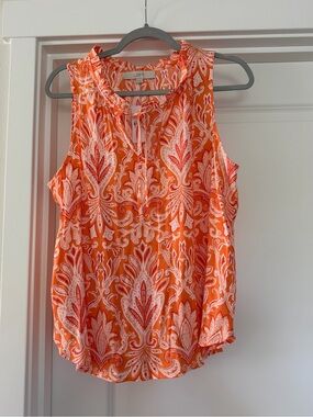 LOFT Orange and White Paisley Ruffle Neck Sleeveless Top